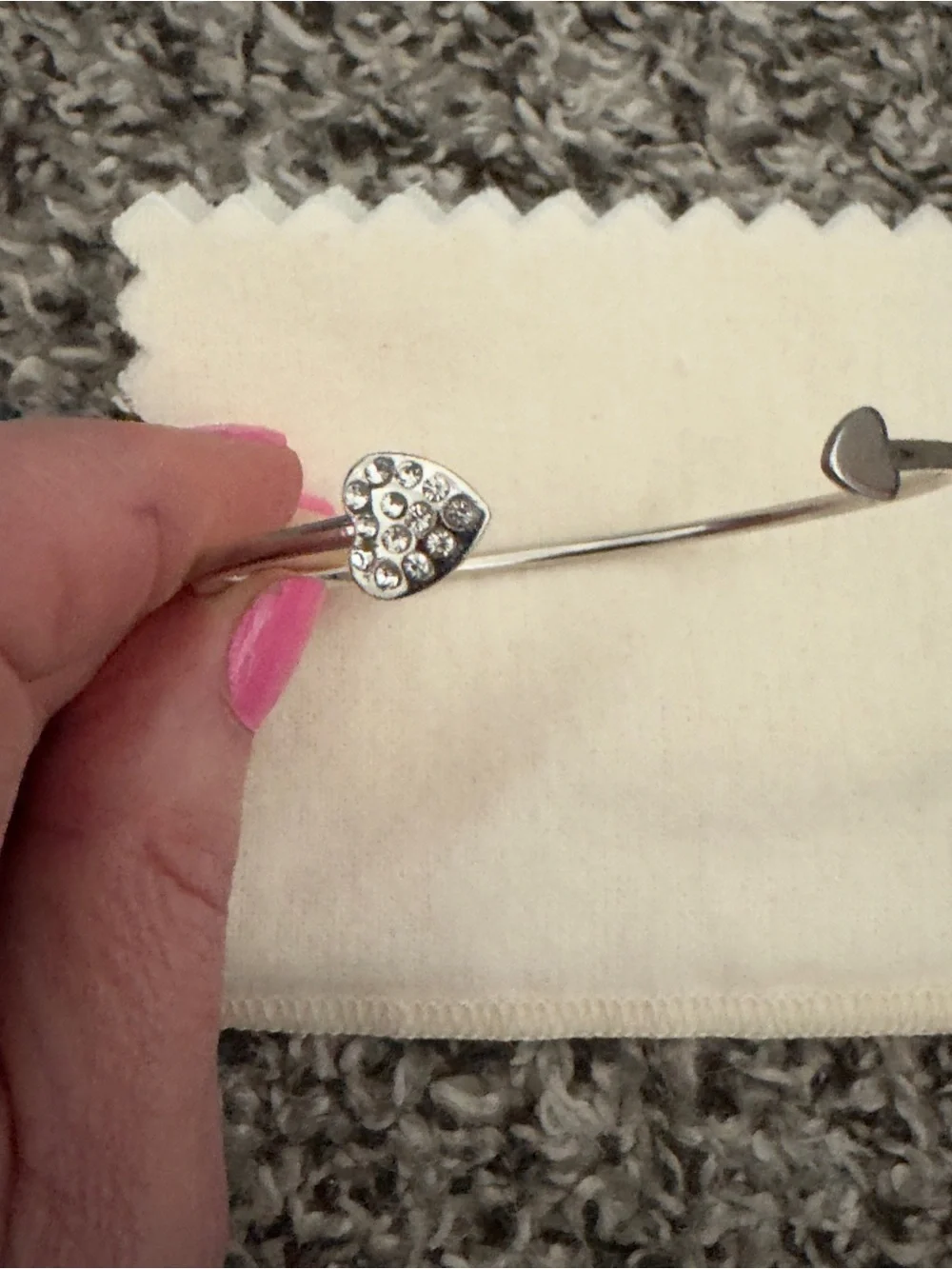 Delicate Silver Open Cuff Bracelet with Crystal Heart Accent